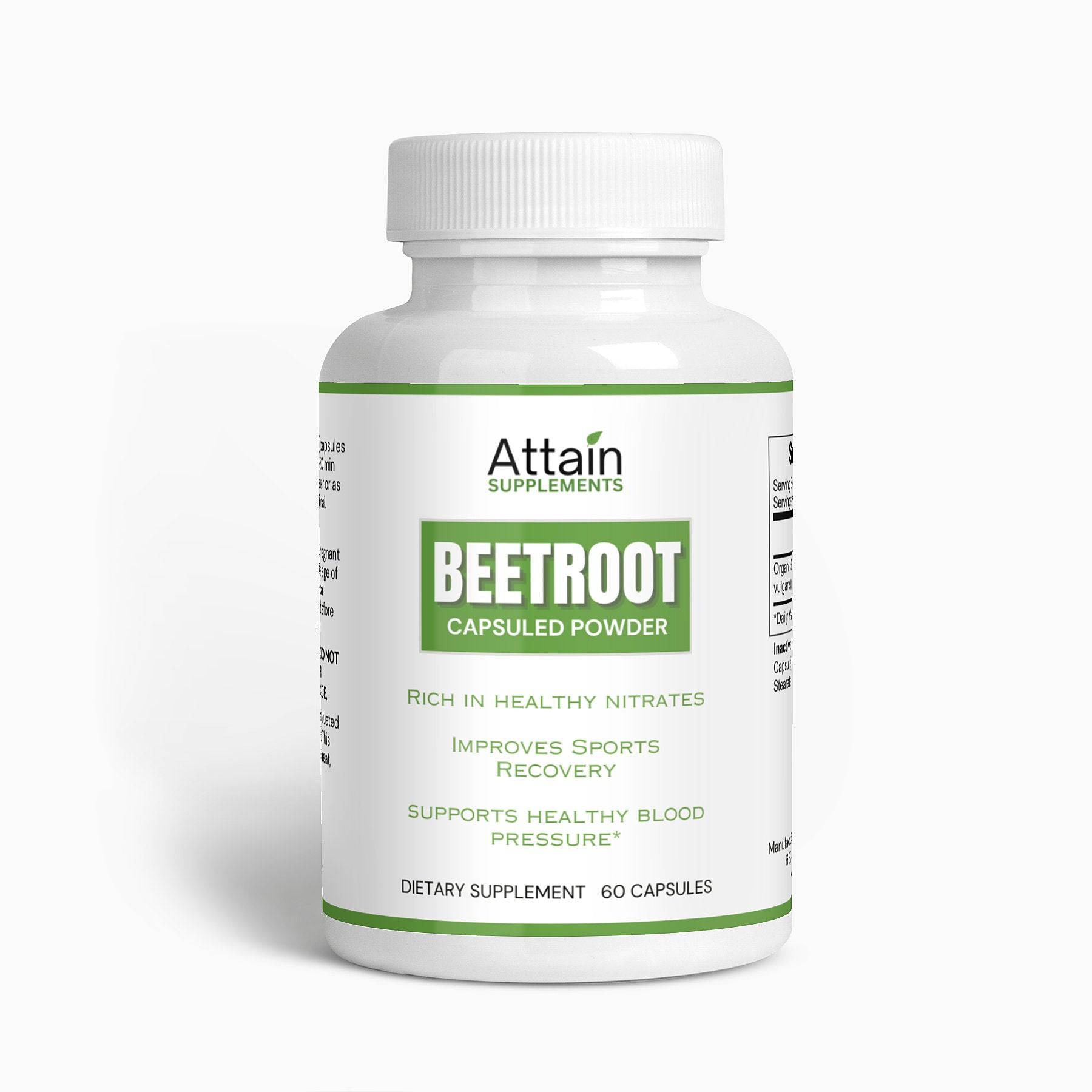 Beetroot Capsulated Powder in Bottle - Front of beetroot powder capsules